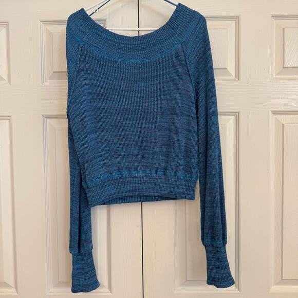 Free People On/Off The Shoulder Knit Blue Marbled Sweater Size XL Feminine Boho - Picture 3 of 6